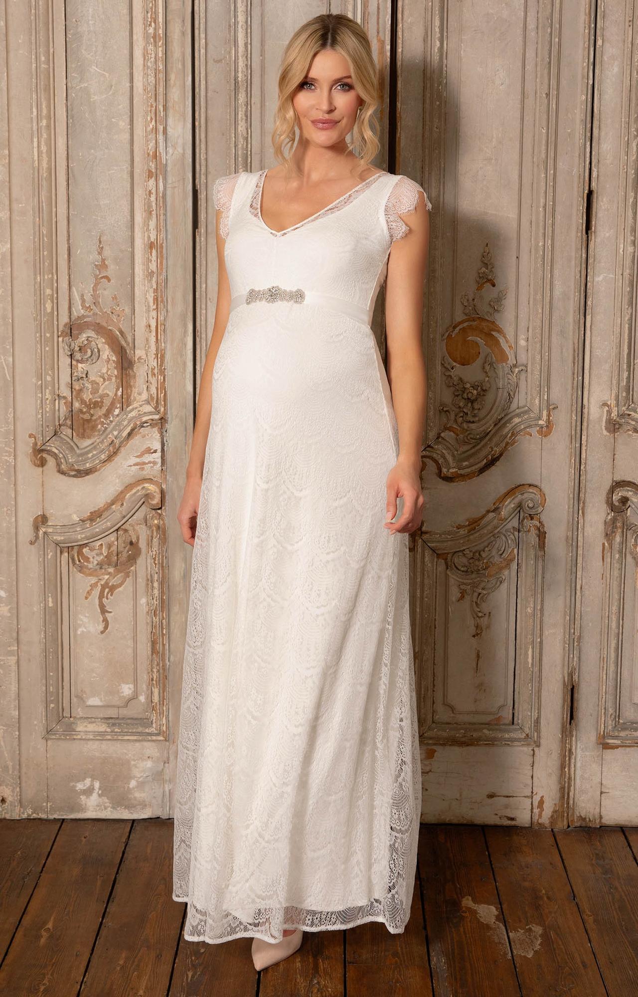 abito da sposa premaman stile impero, in pizzo con cinturino argentato