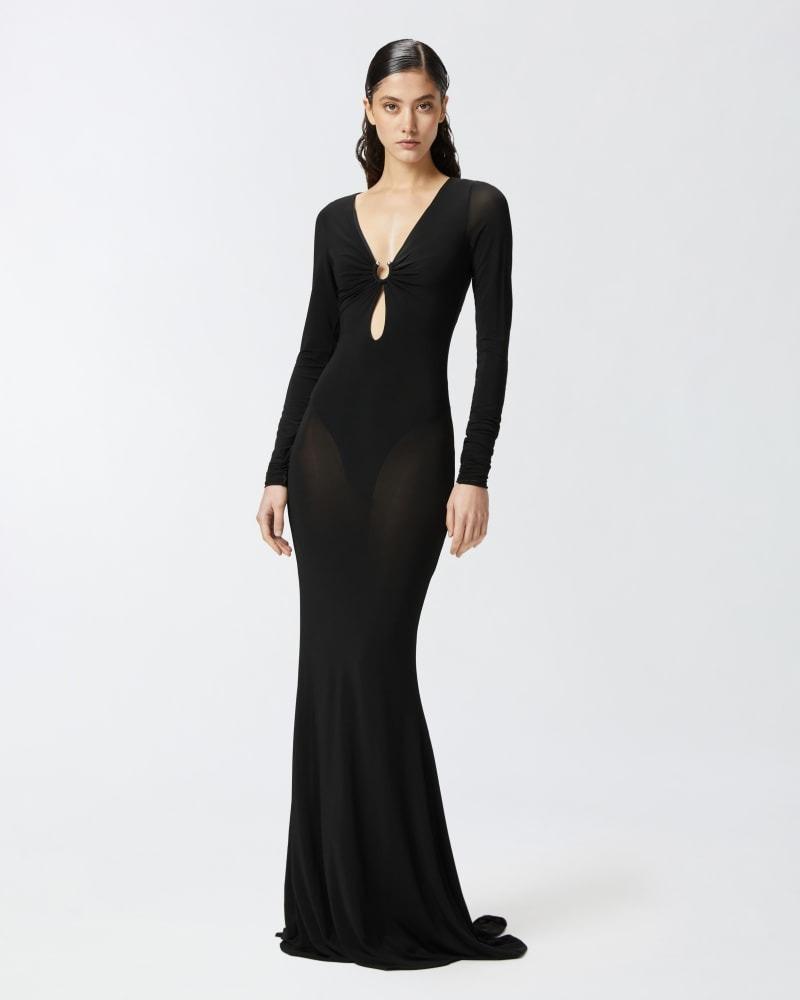 abito matrimonio invitata in autunno lungo nero con scollo a V e maniche lunghe