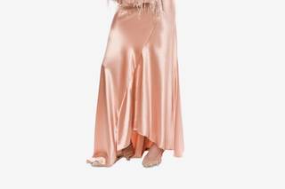 abito elegante da cerimonia lungo, asimmetrico, rosa