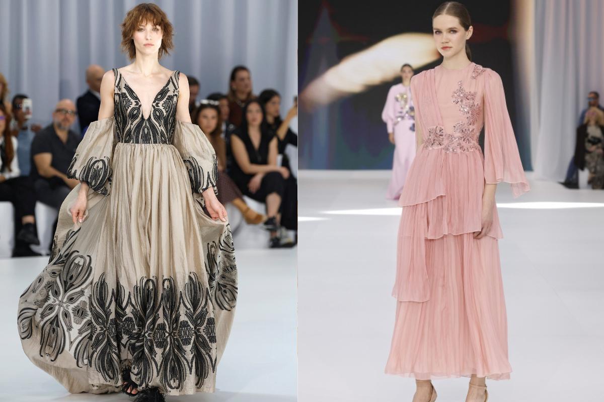 abiti da sposa colorati, uno champagne e nero e uno rosa cipria con applicazioni preziose