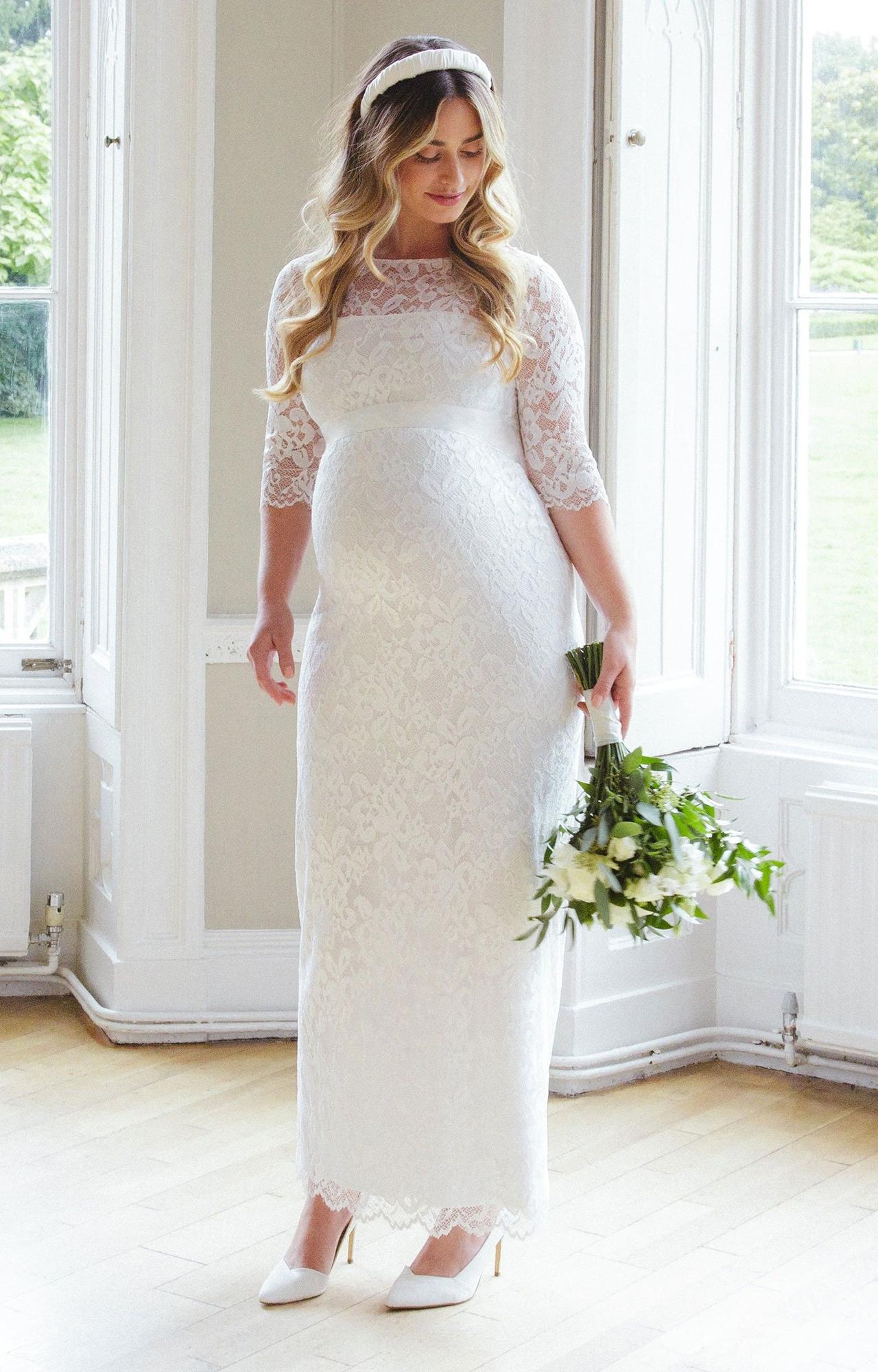 abito da sposa premaman taglio dritto in pizzo