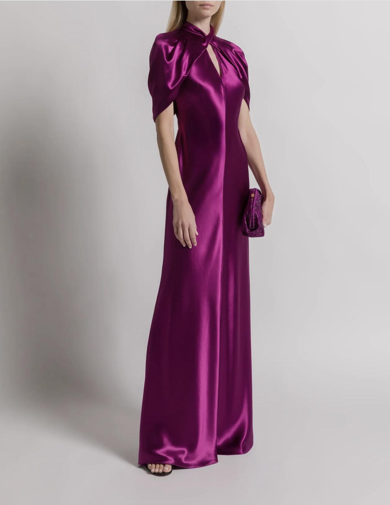 abito sorella sposa lungo fucsia in raso