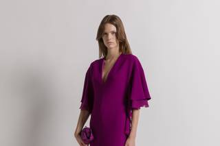 abito elegante da cerimonia lungo, viola con maniche a mantella