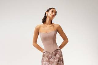 abito elegante da cerimonia rosa antico, lungo con corsé