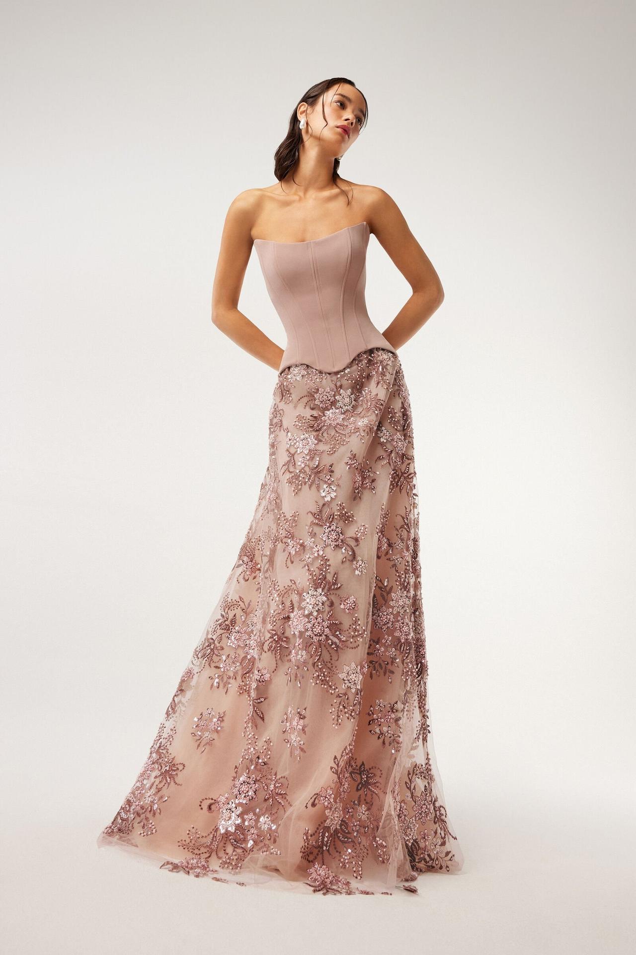 abito elegante da cerimonia rosa antico, lungo con corsé