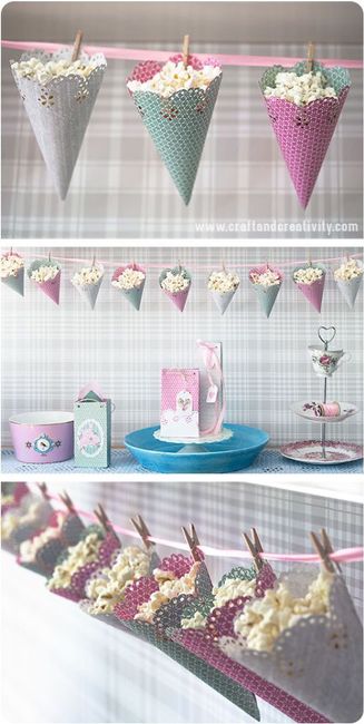 Idee per confettate, candy bar, popcorn bar, zucchero filato, snack, gelati. - 8
