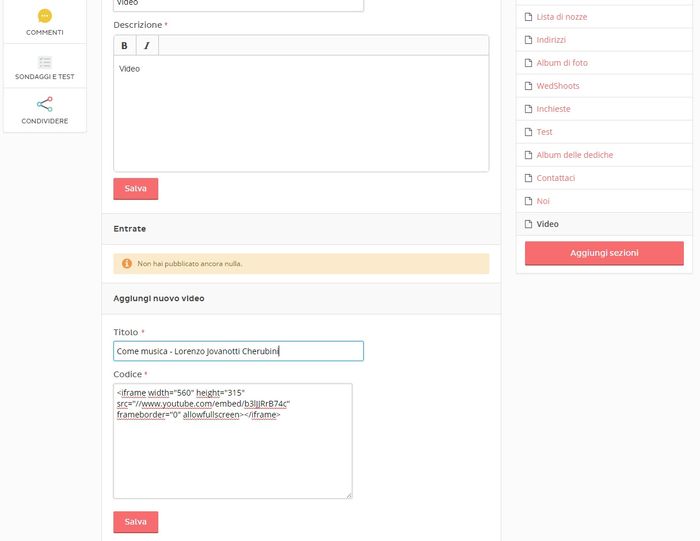 come caricare un video su wedding site