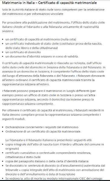 Matrimonio religioso in Italia tra cittadina italiana e cittadino svizzero