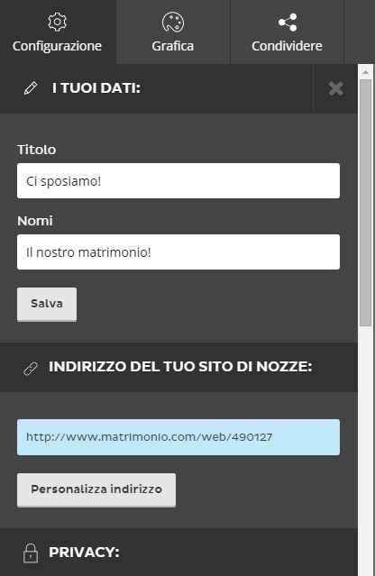 configurazione wedding site