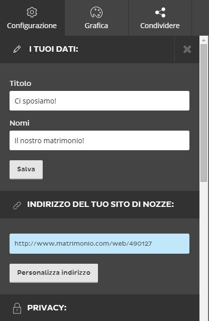 configurazione wedding site