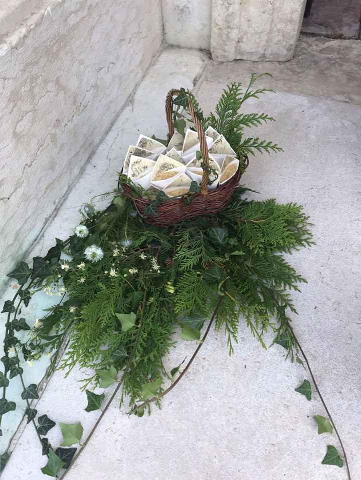 Decorazione esterna chiesa con coni riso in cestino (distribuiti dalle damigelle)