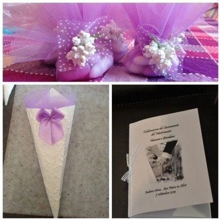 Conetti per il riso con riso colorato, libretti per la chiesa e confetti interni bomboniera