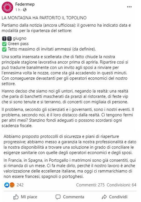 Federmep inpoco fa: Tetto massimo di invitati ammessi da definire 1