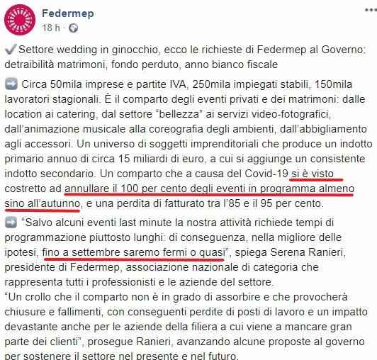 Richieste Federmep al Governo per ripartenza del settore wedding, tra cui detraibilità dei matrimoni