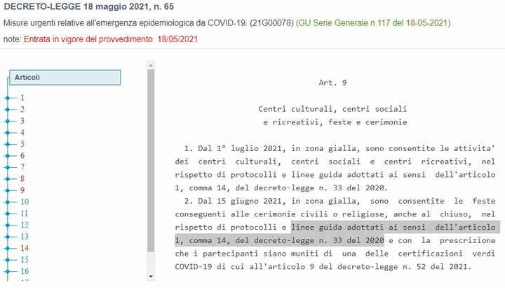 Decreto in gazzetta: green pass con 1 dose, protocolli da aggiornare con ord. del Min. della salute 