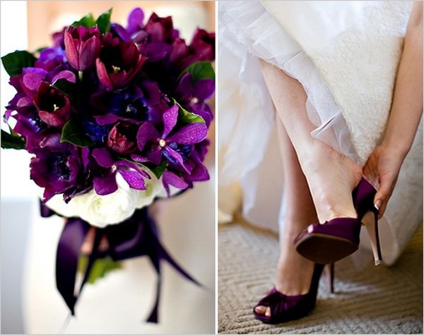 purple bouquet and shoes 