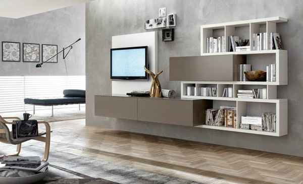 parete attrezzata grigia e bianca