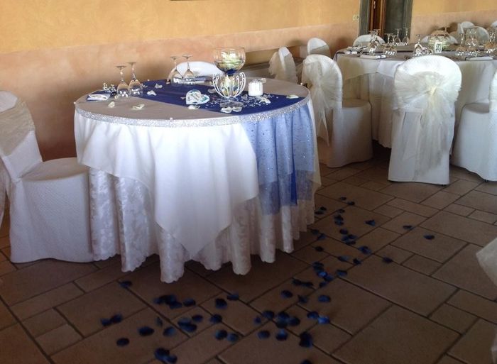 Ipotetico allestimento tavoli con runner blu