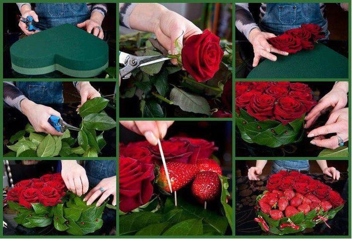Centrotavola a cuore con rose e fragole