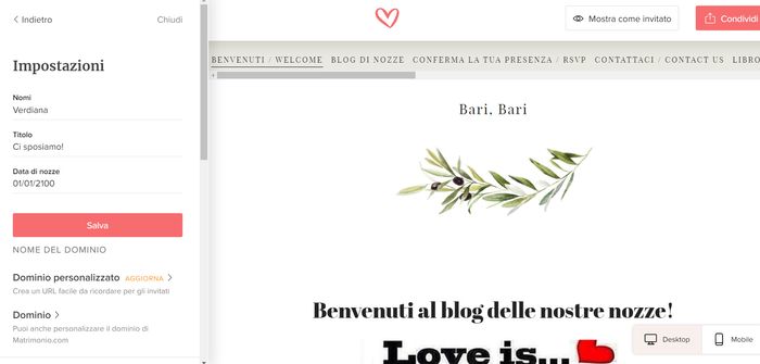 Come ottenere il dominio personalizzato sul Wedding Site 1