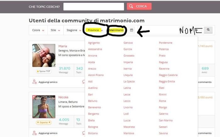 ricerca per nome,provincia e anno del matrimonio
