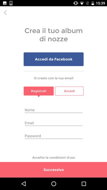 2) Possibilità di registrarsi e accedere attraverso il vostro account Facebook