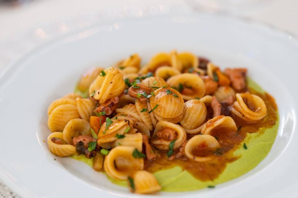 Primo piano di pasta gourmet impiattata