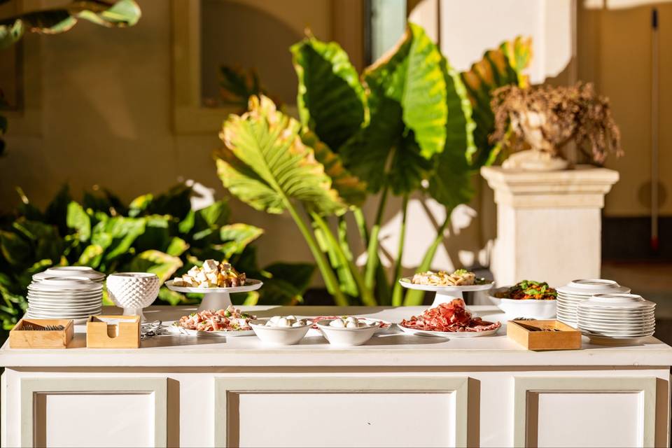 Tavolo buffet decorato con piante