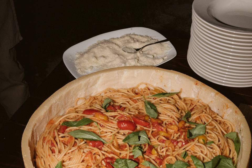 Pasta in cheese wheel