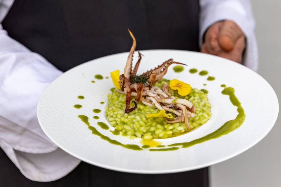 mani chef reggono piatto polpo