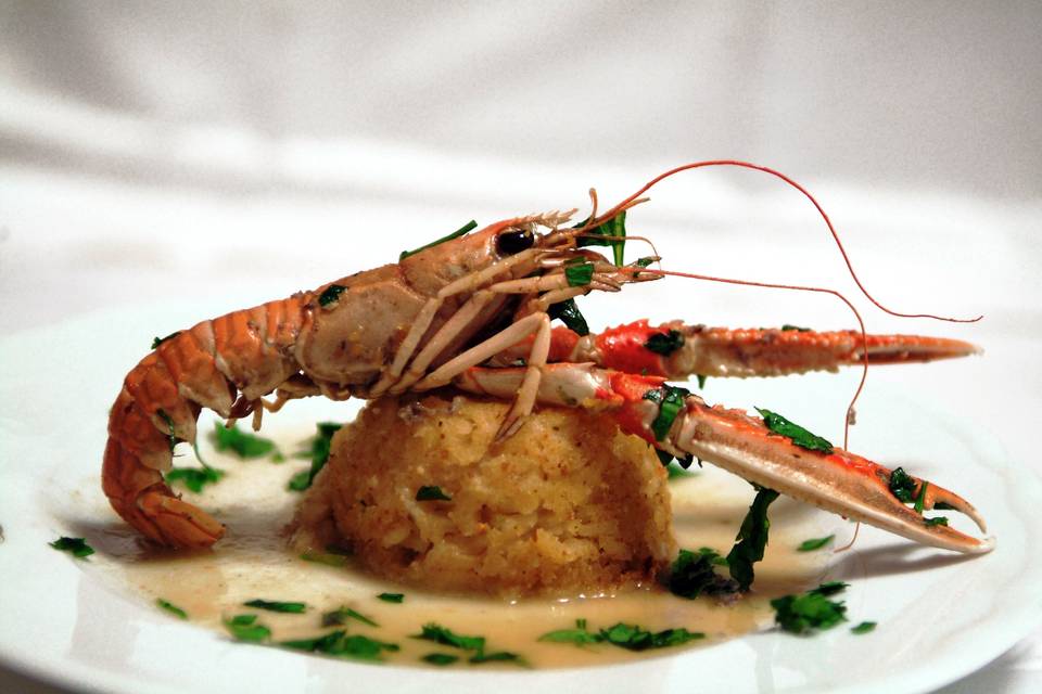 Tortino di riso con scampi