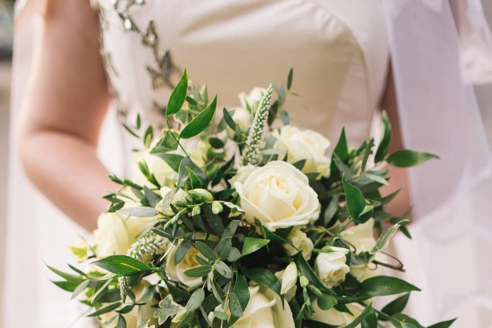 Wedding gown and bouquet