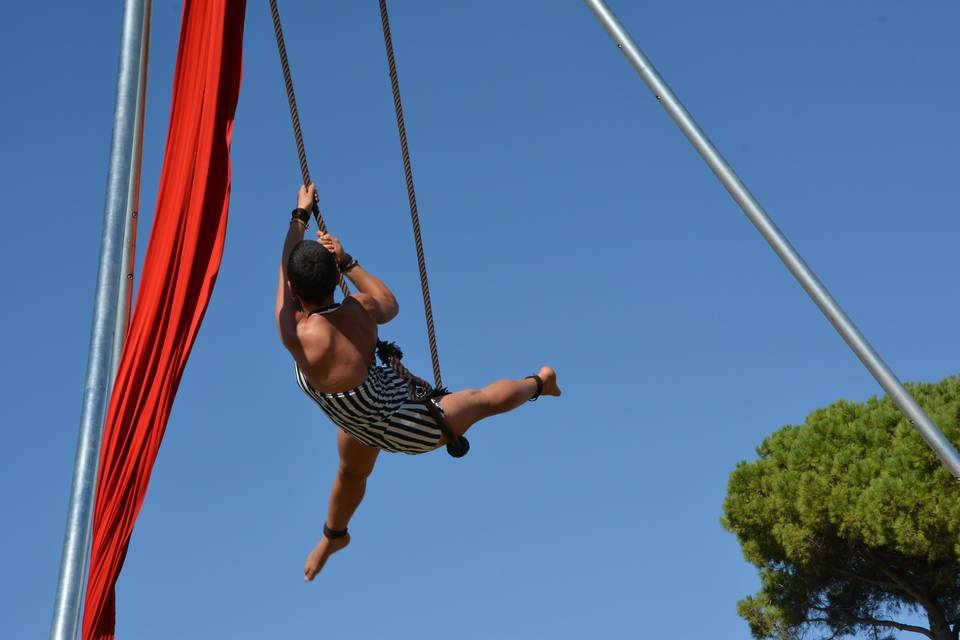 Esibizione di trapezio aereo