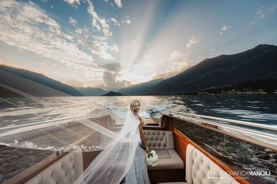 The bride on her boat transfer