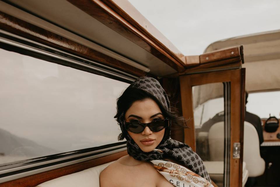 Bride on her boat transfer