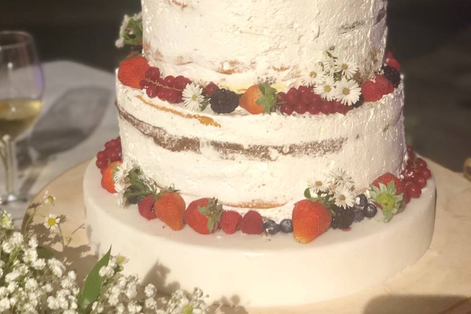 Torta naked con frutta e fiori