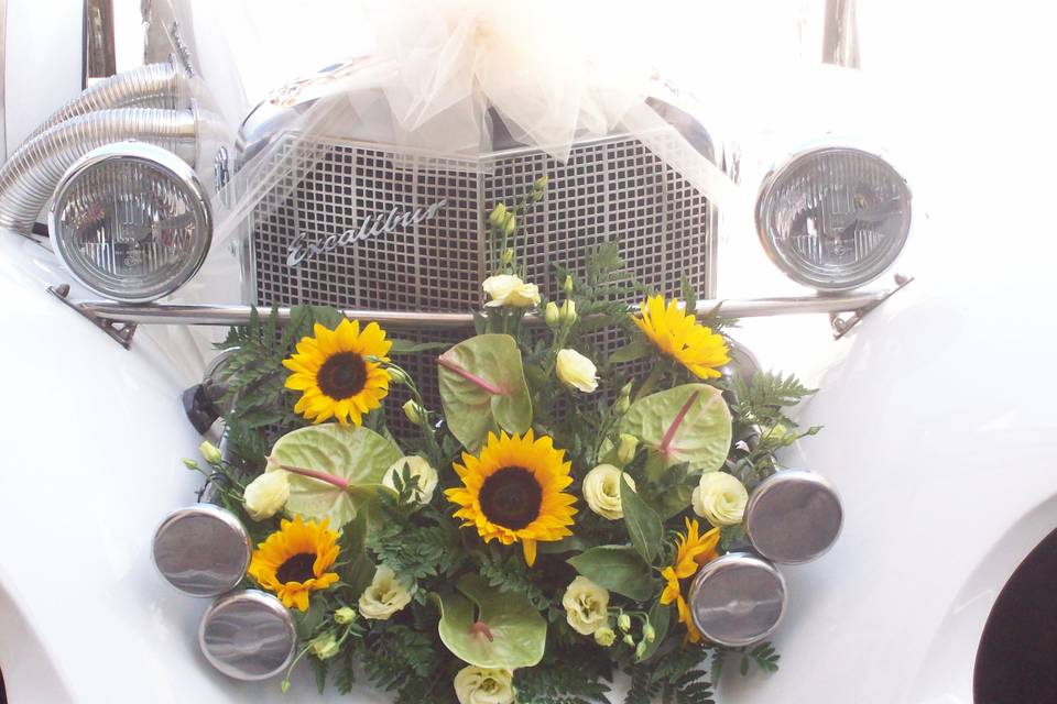 Composizione auto con girasole, lisianthus (o eustoma) panna e anthurium pistacchio