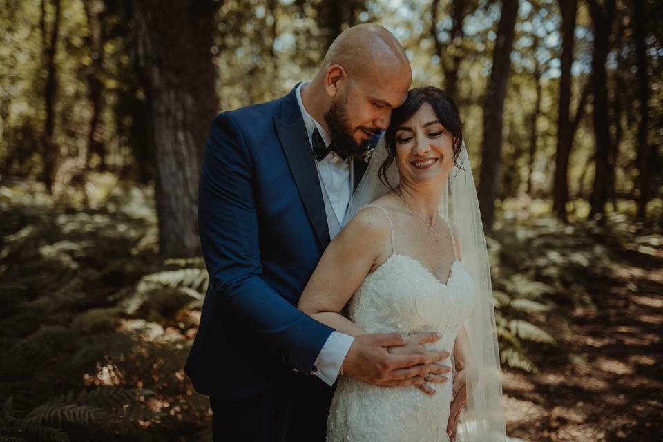 Groom and bride in wood