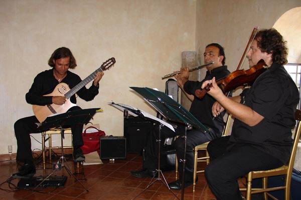 Trio musicale chitarra violino e flauto traverso durante un pranzo di nozze