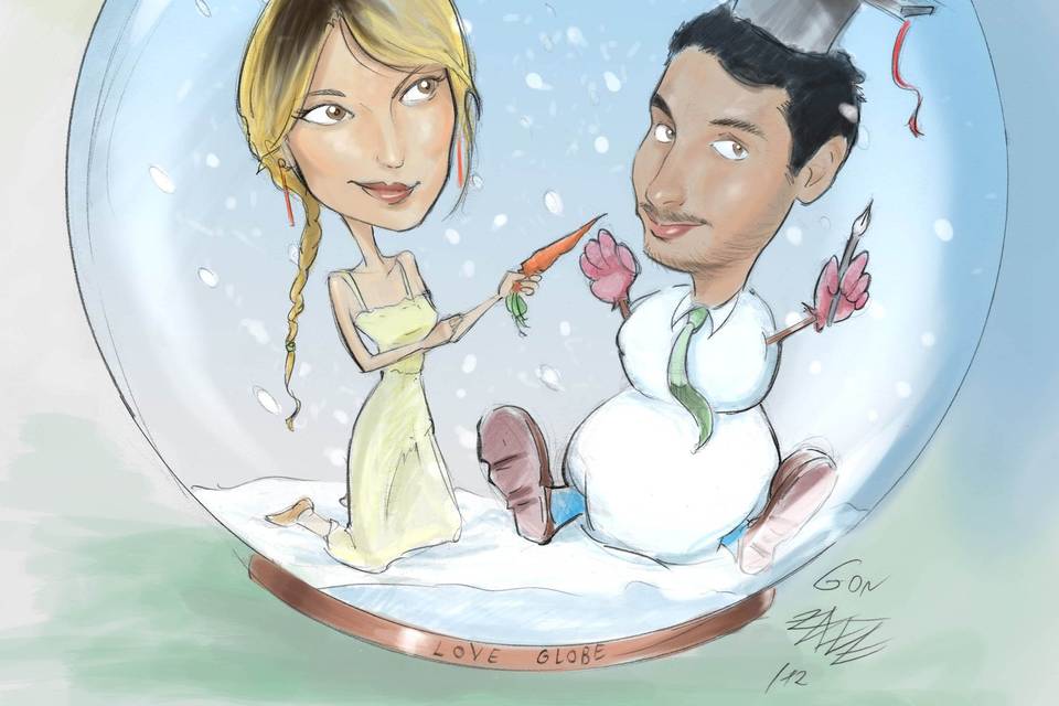 Caricatura coppia in snowglobe