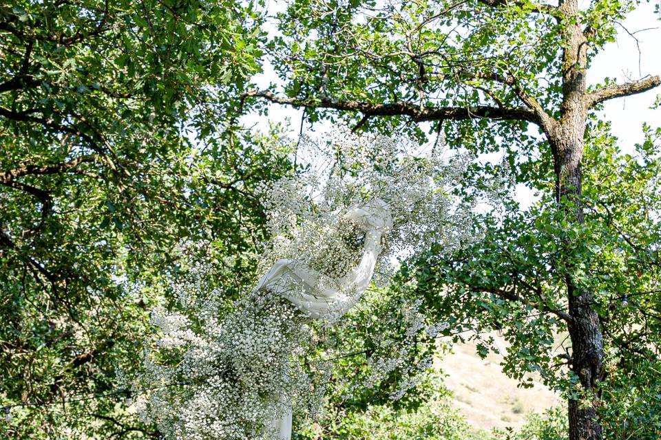 Seduta singola decorata sotto gli alberi