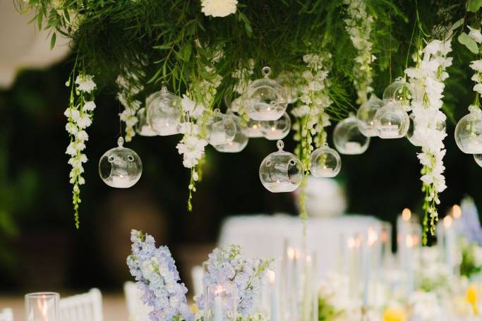 Cascading flowers on the table